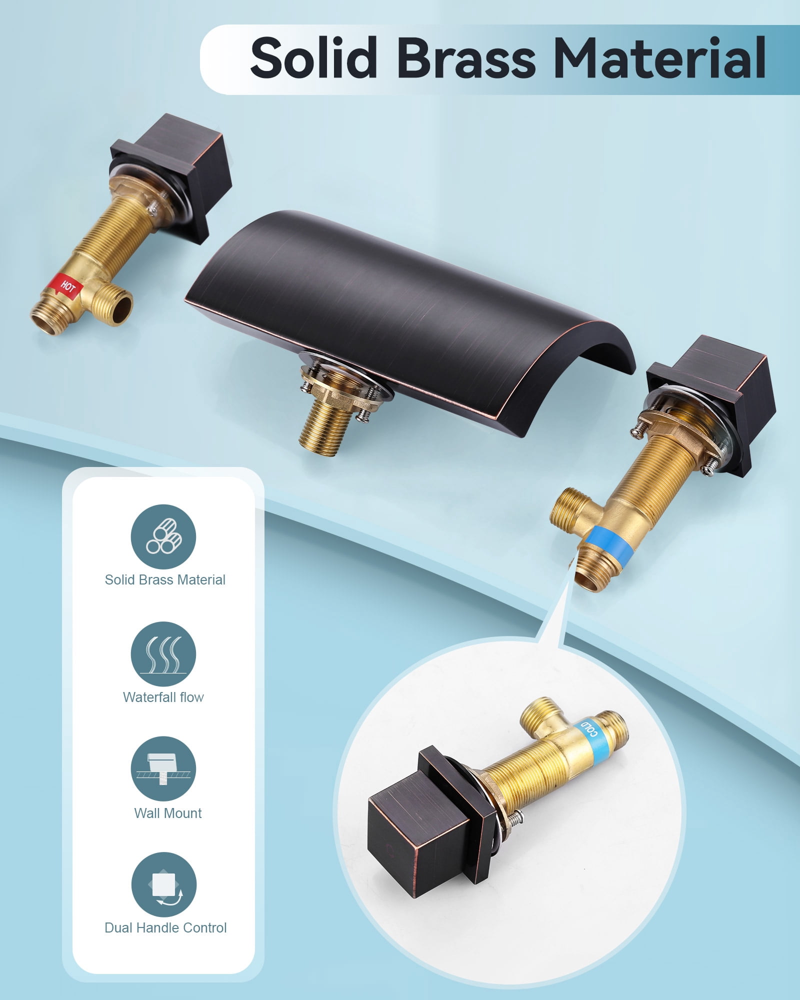 Wowow 2 Handle Waterfall Tub Faucet, Brass 3-Hole Bathtub Faucet, Oil Rubbed Bronze
