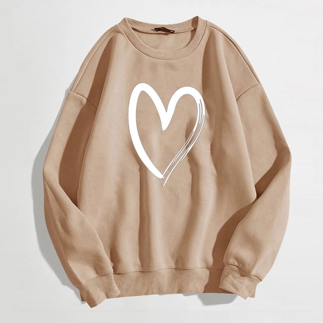 Bmisegm Mode Chandail Chaud pour Femmes Décontracté à Manches Longues Col Rond Doux T-Shirt Imprimé Cœur d'Amour Chandails d'Hiver pour Dames Hauts Chandail pour Femmes Kaki P