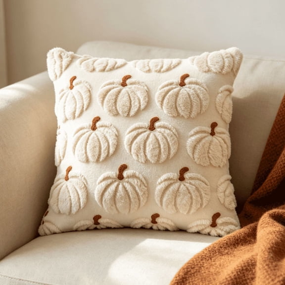 Pumpkin Fall Decorative Throw Pillow Covers Soft Faux Fur 20*20'' Pillow Covers for Autumn Harvest, Fluffy Plush Accent Pillow Cases for Farmhouse Halloween Decor,Beige