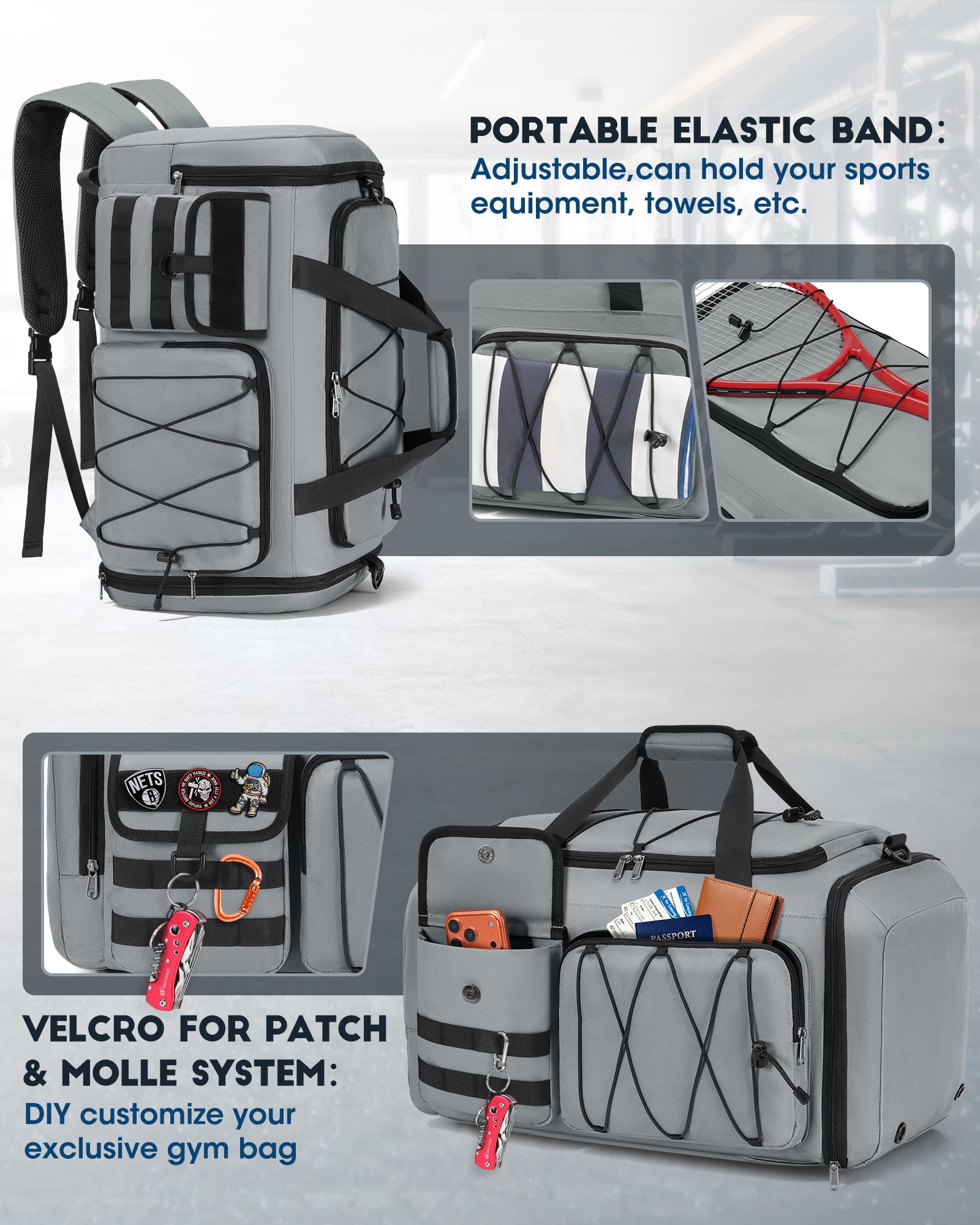 Gym Bag for Men 45L Sports Duffel Bags 3-in-1 Travel Duffel Bag with Shoe Compartment,Gym Workout Backpack Weekender Bag Overnight Bag for Travel, Grey