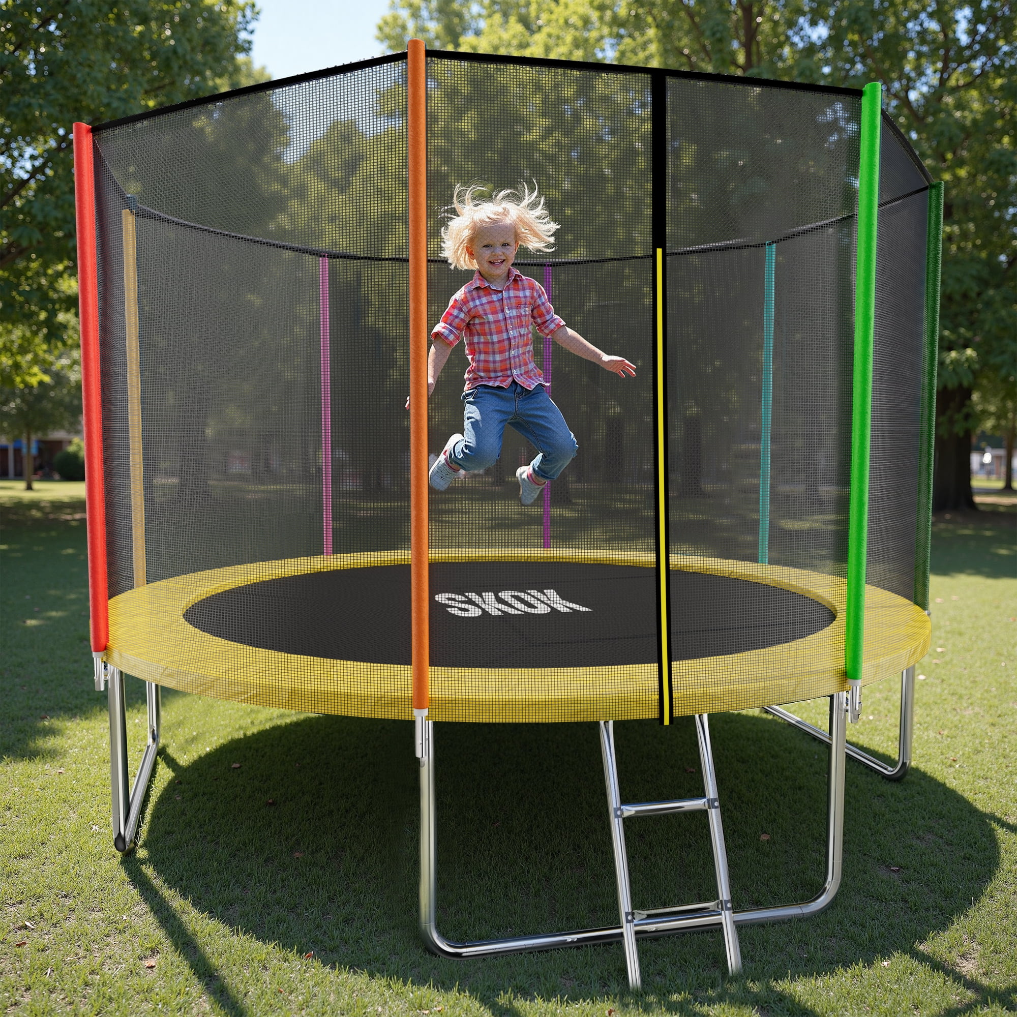 SKOK 8FT Backyard Trampoline with Enclosure Net & Ladder, Upright-Poled Outdoor Colorful Trampoline, 400LBS Capacity Waterproof Durable Trampoline for Kids & Adults Family Birthday Gift