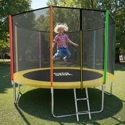 SKOK 8FT Backyard Trampoline with Enclosure Net & Ladder, Upright-Poled Outdoor Colorful Trampoline, 400LBS Capacity Waterproof Durable Trampoline for Kids & Adults Family Birthday Gift