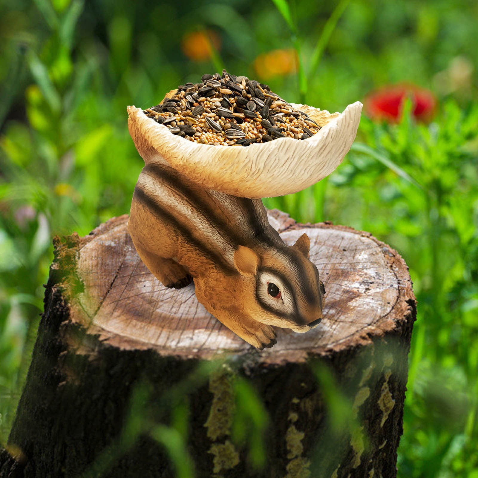 Blasgw Resin Chipmunk Garden Decorative Bird Feeder - Outdoor Statue for Woodland Garden, Whimsical Birdseed Dispenser for Attracting Feathered Friends - 8.5"x4.7"x7.9" multicolor