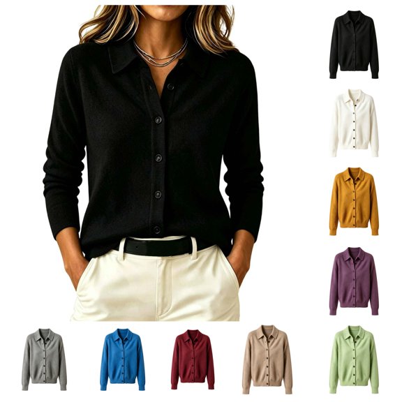 vzibsiv Womens Knit Cardigan Button Down Collared Sweater Long Sleeve Soft Casual Fall Winter Lightweight Outerwear Black Size L