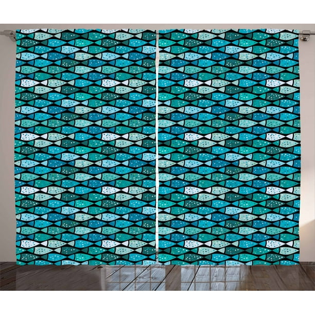 Fish Curtains 2 Panels Set, Doodle Aquarium Artwork with Repeating Fish