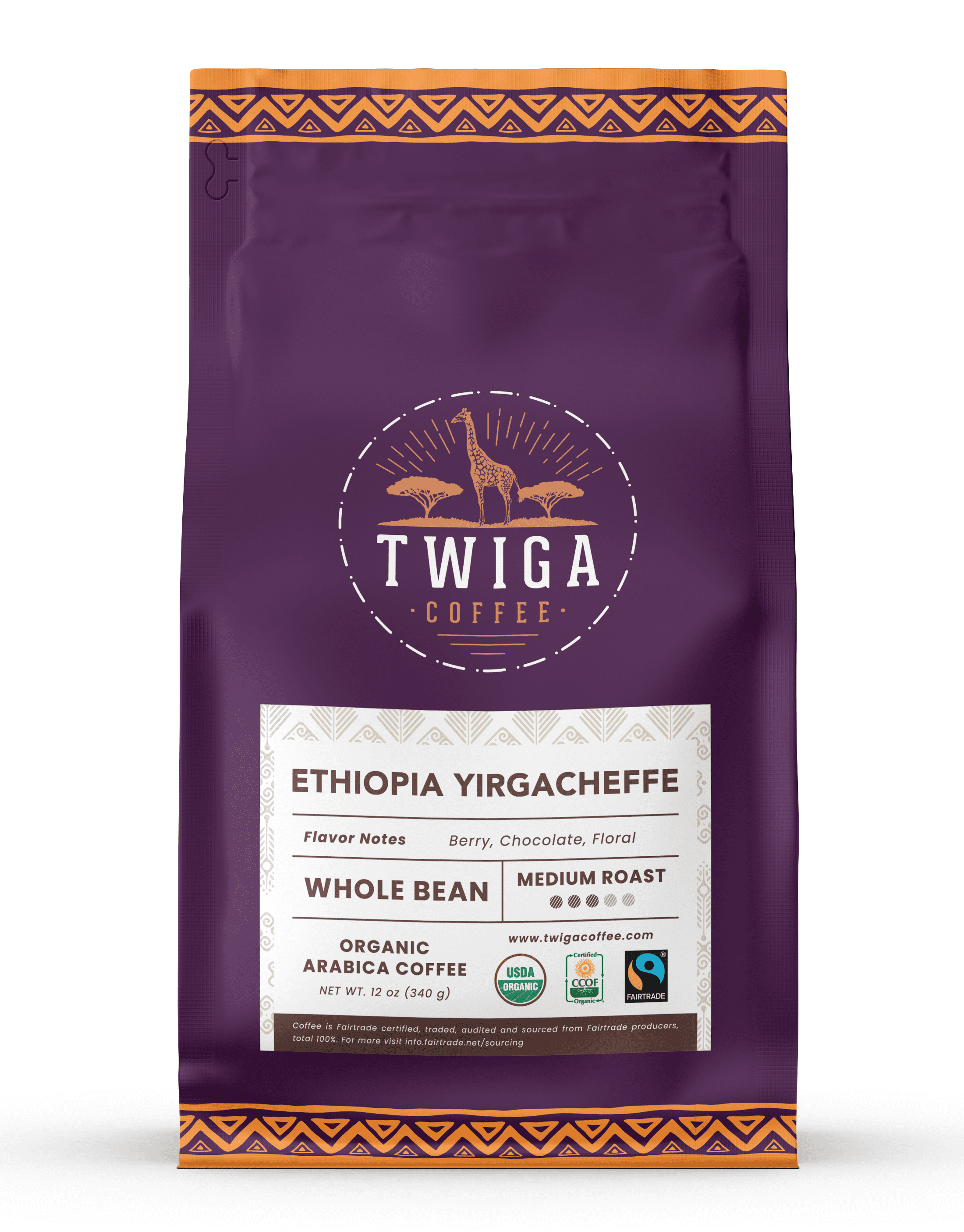 Ethiopia Yirgacheffe Coffee | USDA Organic | Fairtrade | Medium Roast | Whole Bean | 12 oz | Twiga Coffee
