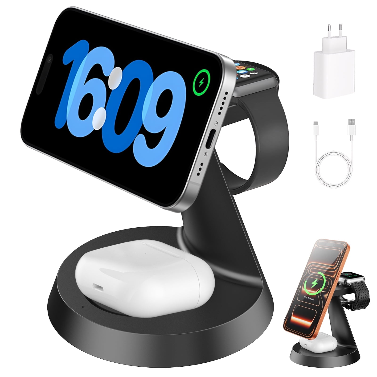 3 in 1 Wireless Charging Station, 2026 Upgraded Fast Desk Charger Station for iPhone 1716 15 14 13 12 Pro Max Plus, Charger Stand for Apple Watch 10 9 8 7 6 5 4 3 2 SE, Airpods 4 3 2 Pro, Black