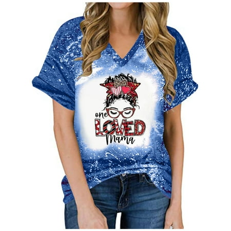

Blouses for Women Dressy Casual Women Summer Gradient Print V-Neck Regular Women Monther s Day Printed Short Sleeves Top Graphic Tees for Women Blue M