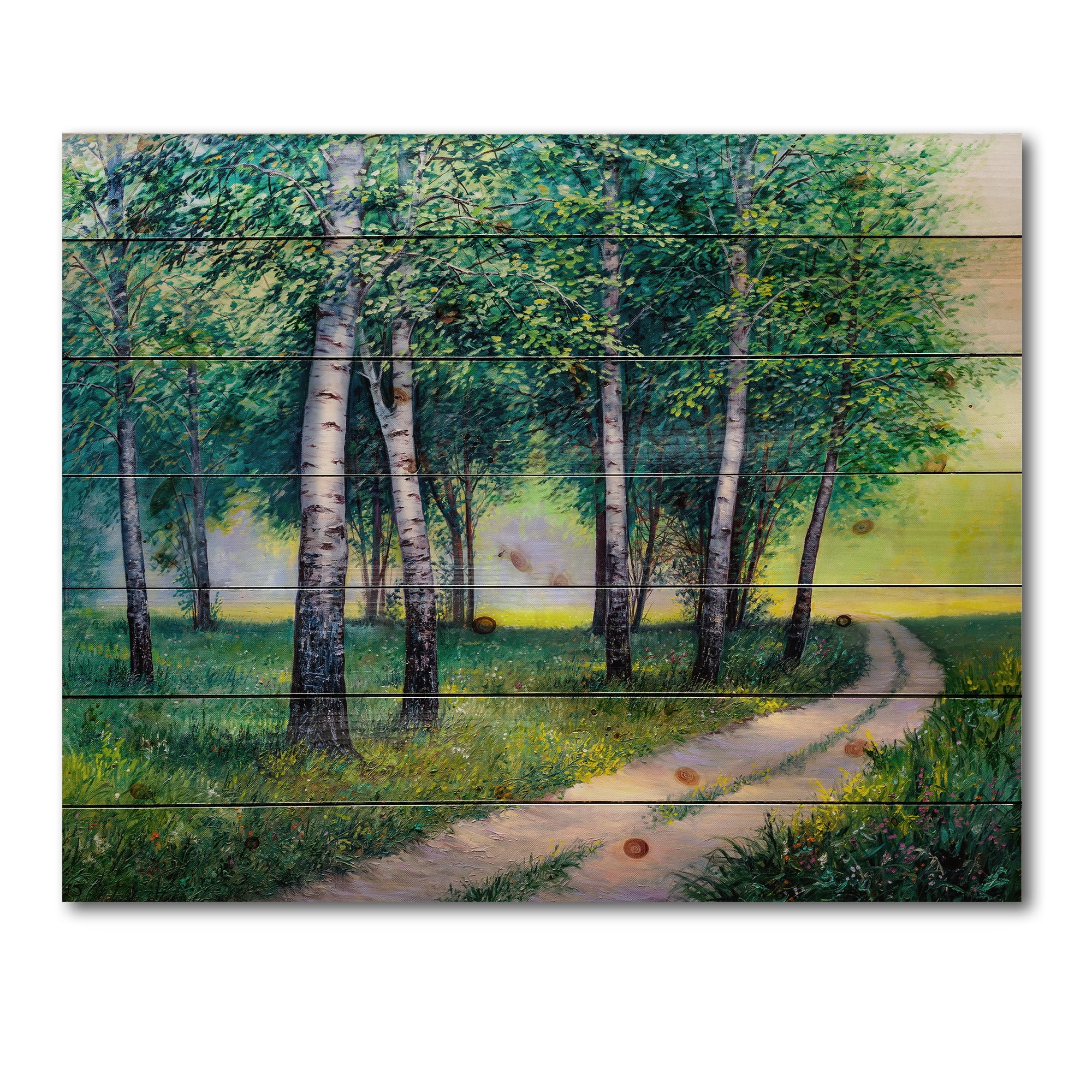 Designart 'Summer Forest Path By The Birches' Lake House Print on Natural Pine Wood