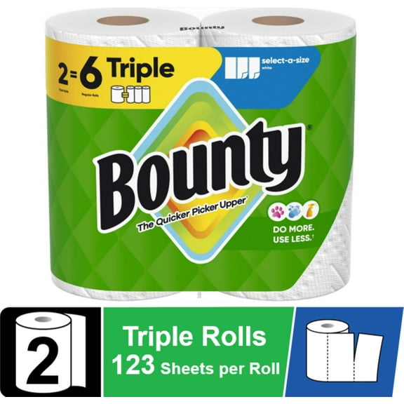 Bounty Paper Towels Select-A-Size White, 2 Triple Rolls, 123 Sheets Per Roll