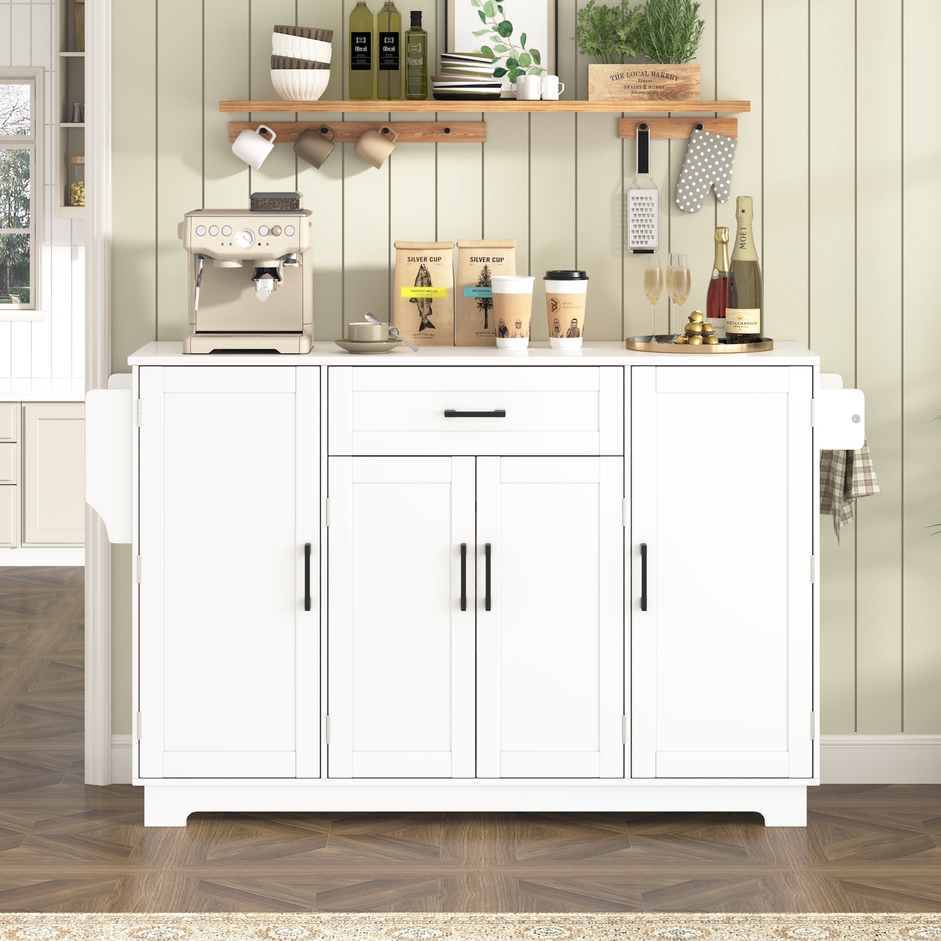 54.3" Sideboard Buffet Cabinet with Storage, 4 Doors & 1 Drawer, Kitchen Storage with Adjustable Shelves, Aluminum Alloy Handles, Side Shelves & Hanging Rod for Dining Room