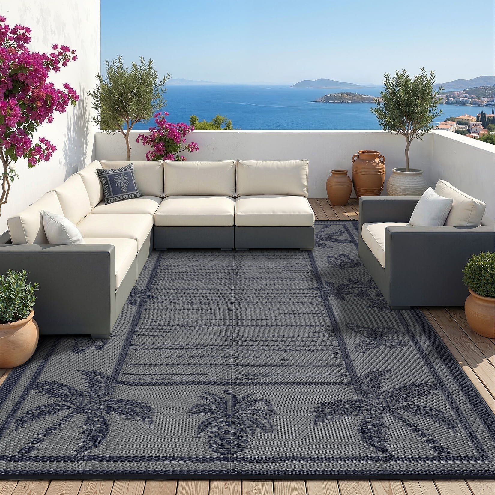 HIWEAVER Navy 9'x 12' Outdoor Rug Garden Decor Floral Bordered Carpet Plastic Straw Waterproof Reversible Patio Area Rug for Balcony Deck Picnic Portable Camping Mat