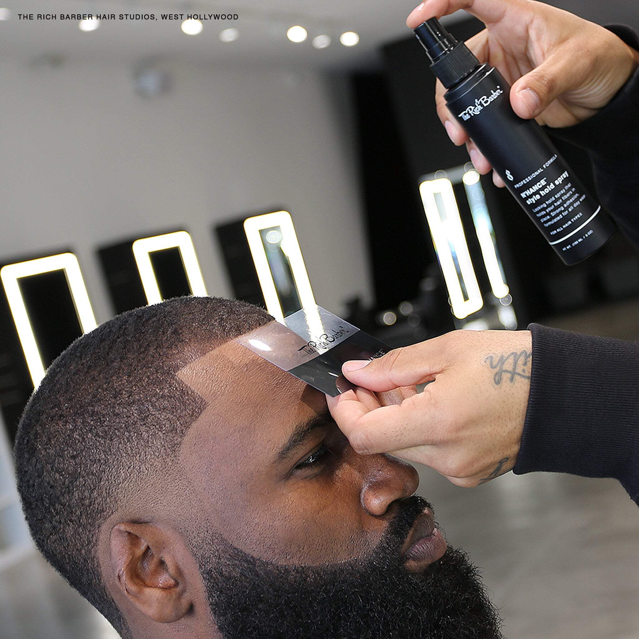 The Rich Barber N’Hance Hair Fibers, Hold Spray & Applicator Set | Natural Concealing Hair Thickening Fibers | Long-Lasting Wear For Sharper Hairlines, Thicker Beard, & Professional Styling (Black)