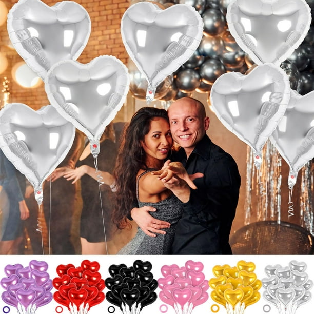 Globos de papel de aluminio en forma de corazón | Paquete de 10 globos metálicos para fiestas | Aluminio reutilizable autosellante | Rojo Negro Morado Rosa Naranja Plata | 9.45"x7.87" | Cinta y