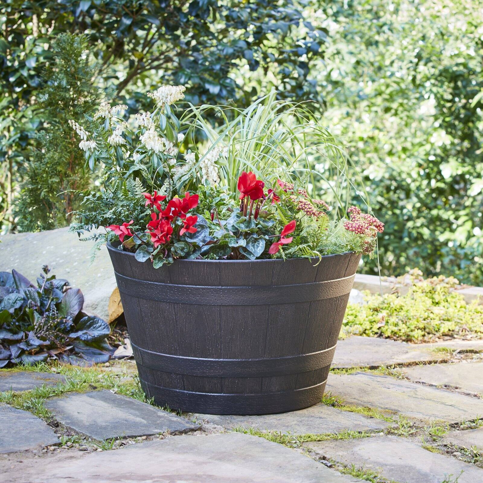 Ace Trading 19'' x 16'' x 9.21'' Round Birch Plastic and Resin Whiskey Barrel Planter