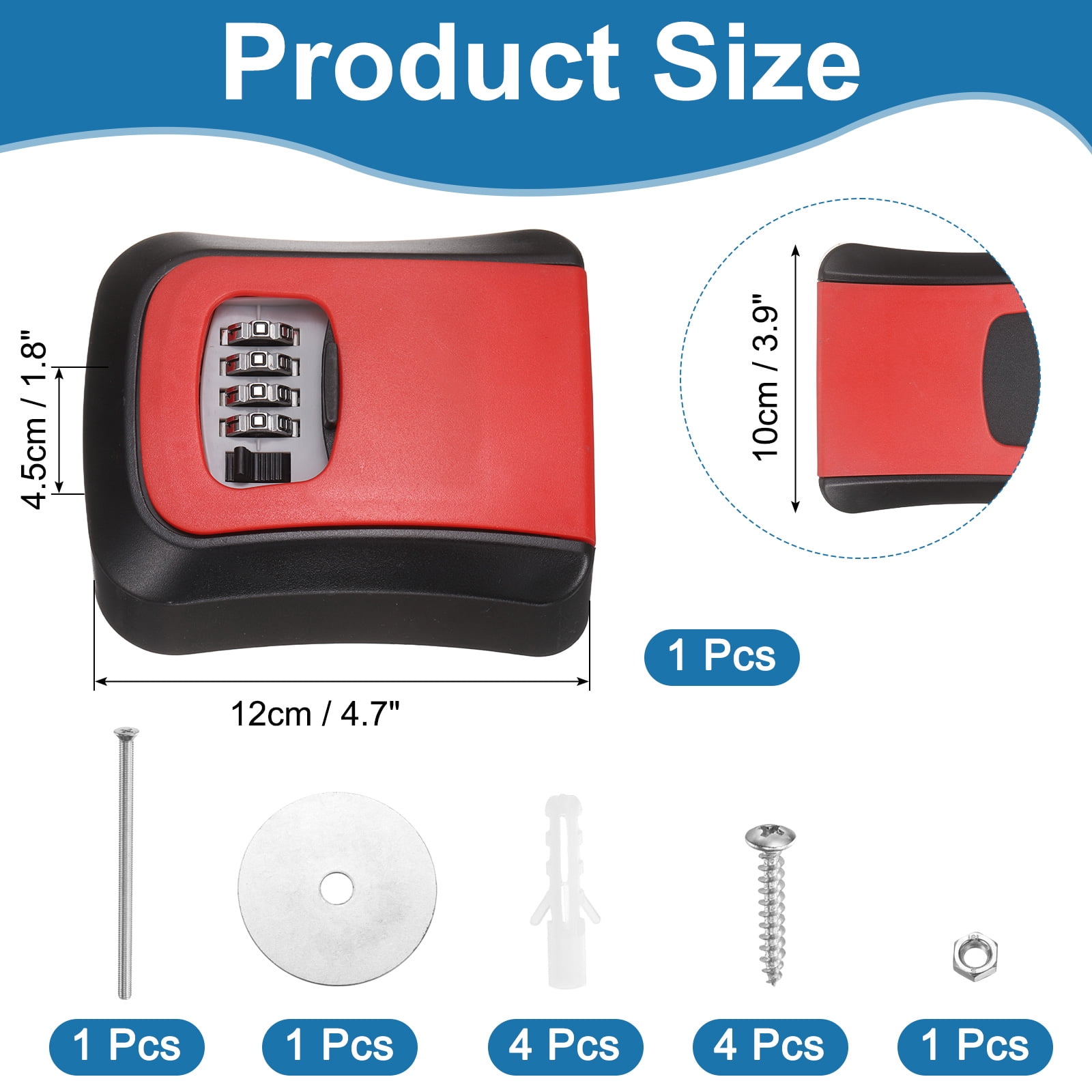 Uxcell Wall Mount Key Lock Box (4.7"x3.9"x1.8", Red) - 4 Digit Portable Combination Lockbox for Keys Safe Security Storage Resettable Code Lockbox for Home Office