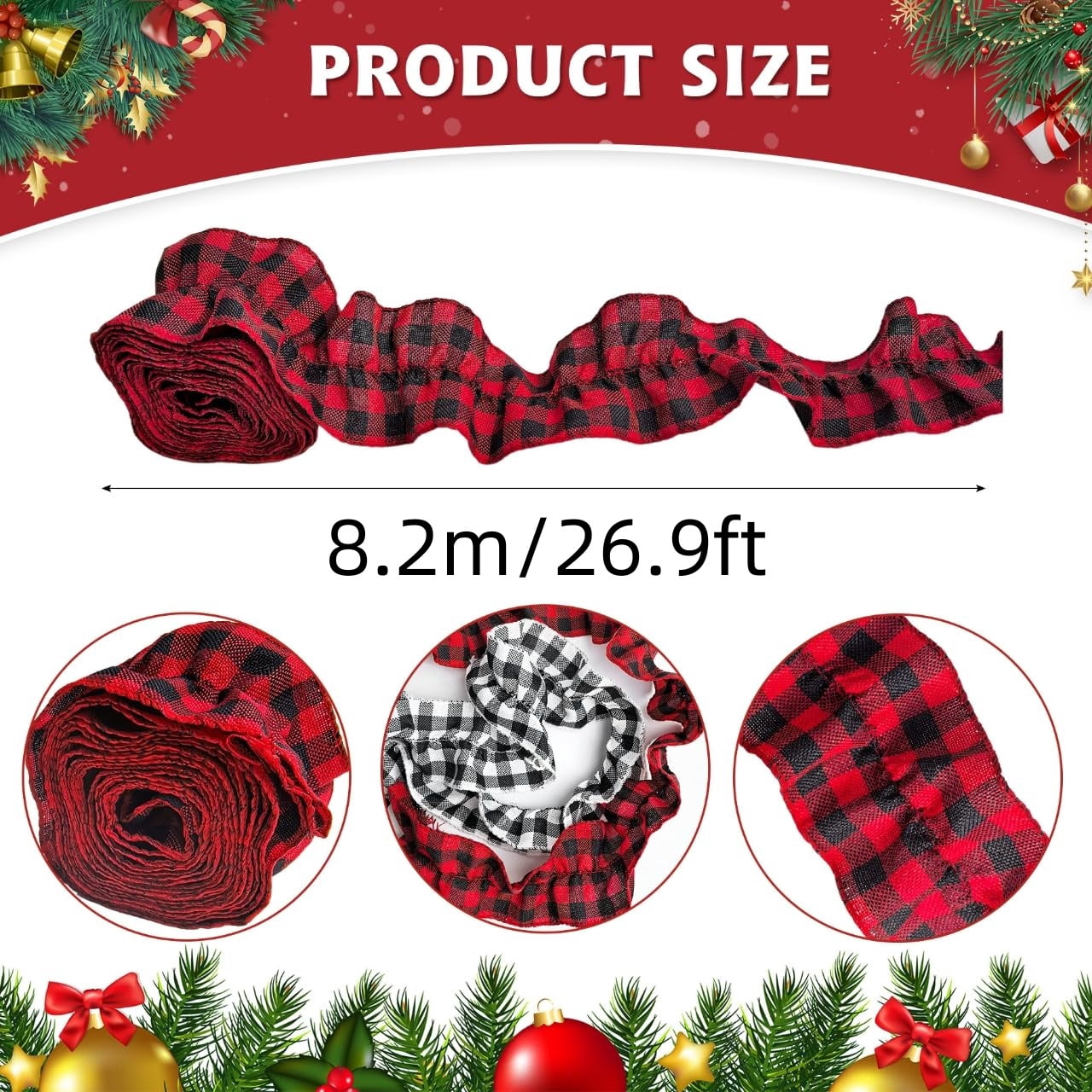 2 Rolls Christmas Tree Ribbon Garland Buffalo Plaid Christmas Decorations, Buffalo Check Fabric Tree Ribbon Garland for Xmas Holiday Home Decor(White & Black, 2.45in x 26.9ft)