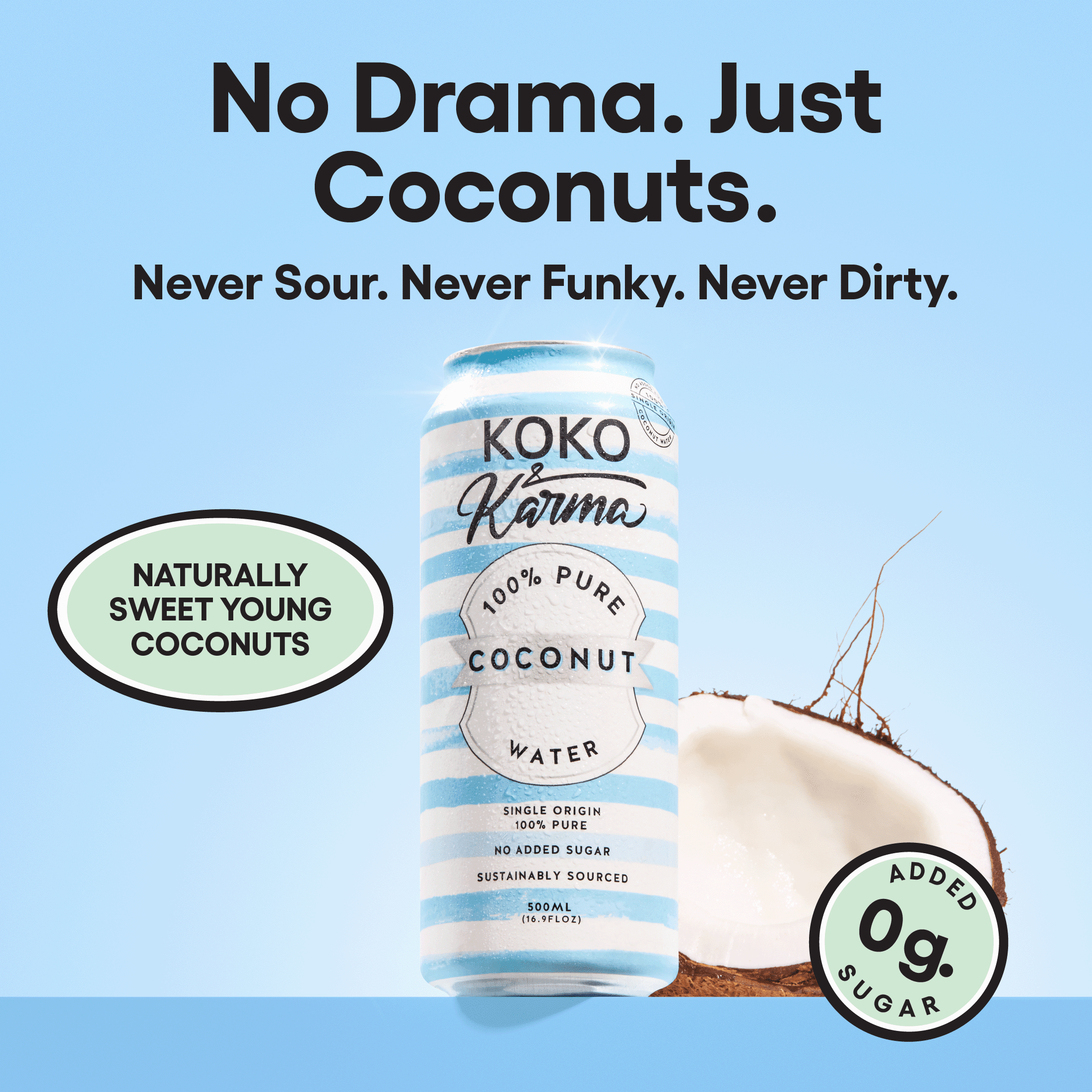 (12 pack) Koko & Karma 100% Pure Coconut Water, No Added Sugar, 16.9 fl oz Can