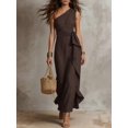 thumbnail image 2 of Womens Coffee Brown One Shoulder Sleeveless Ruffle Maxi Dress, 2 of 3