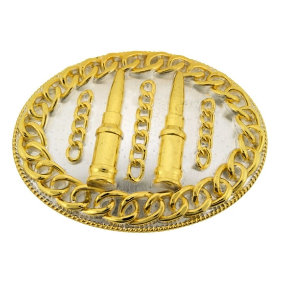 Dual Bullets Belt Buckle Jumbo Gold Military Revolver Detective Handgun NRA