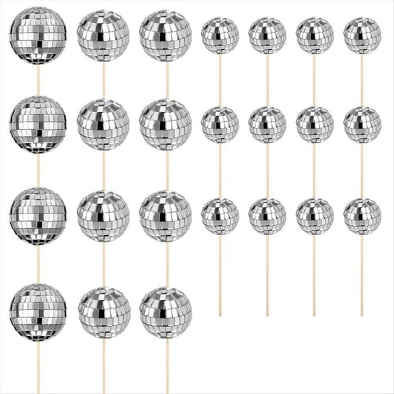 24Pcs Disco Ball Cupcake Toppers Happy Birthday Cake Topper Disco Ball Cake Picks Theme Cake Decor for Disco Theme Party,12 x 2cm mirror balls 8 x 3cm mirror balls 4 x 4cm mirror balls,Silver