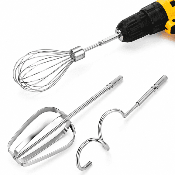 Stainless Steel Hand Mixer Attachment Set - Whisk, Dough Hook, Egg Beater for Drills - Dishwasher Safe, 7.5 Inch