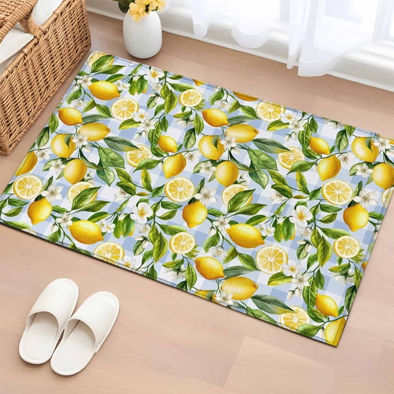 2x3 Ft Entryway Area Rug, Summer Lemon Kitchen Rug Runner Washable Floor Mat, Yellow Green Watercolor Botanical Blue Plaid Non Slip Indoor Door Mat Throw Carpet for Bathroom Living Room Bedroom