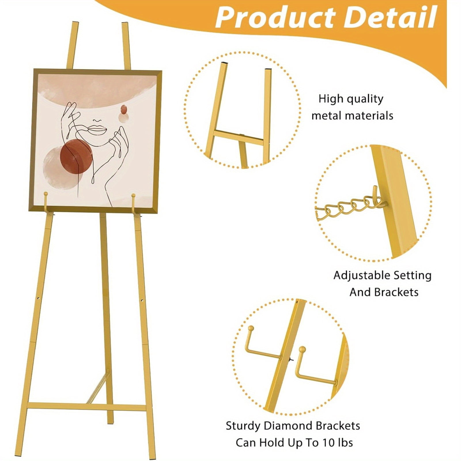 46" H Adjustable Metal Floor Standing Easel with Chain Support, Perfect for Showcasing Pictures, Artwork, Wedding Sign, Gold