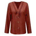 thumbnail image 4 of SYMOID Rust Red V Neck Top for Women Linen Cotton Blouse 3/4 Sleeve Lace Trim Button Down Shirt Relaxed Fit,Size XL, 4 of 5
