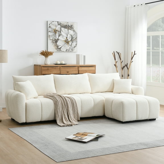 Harper & Bright Designs L-Shaped Sectional Sofa Set with Movable Ottoman, 3-Seat Couch with Extra-large Seat, Boucle Upholstered Sectional Sofe with Pull-line Design, 110", Cream