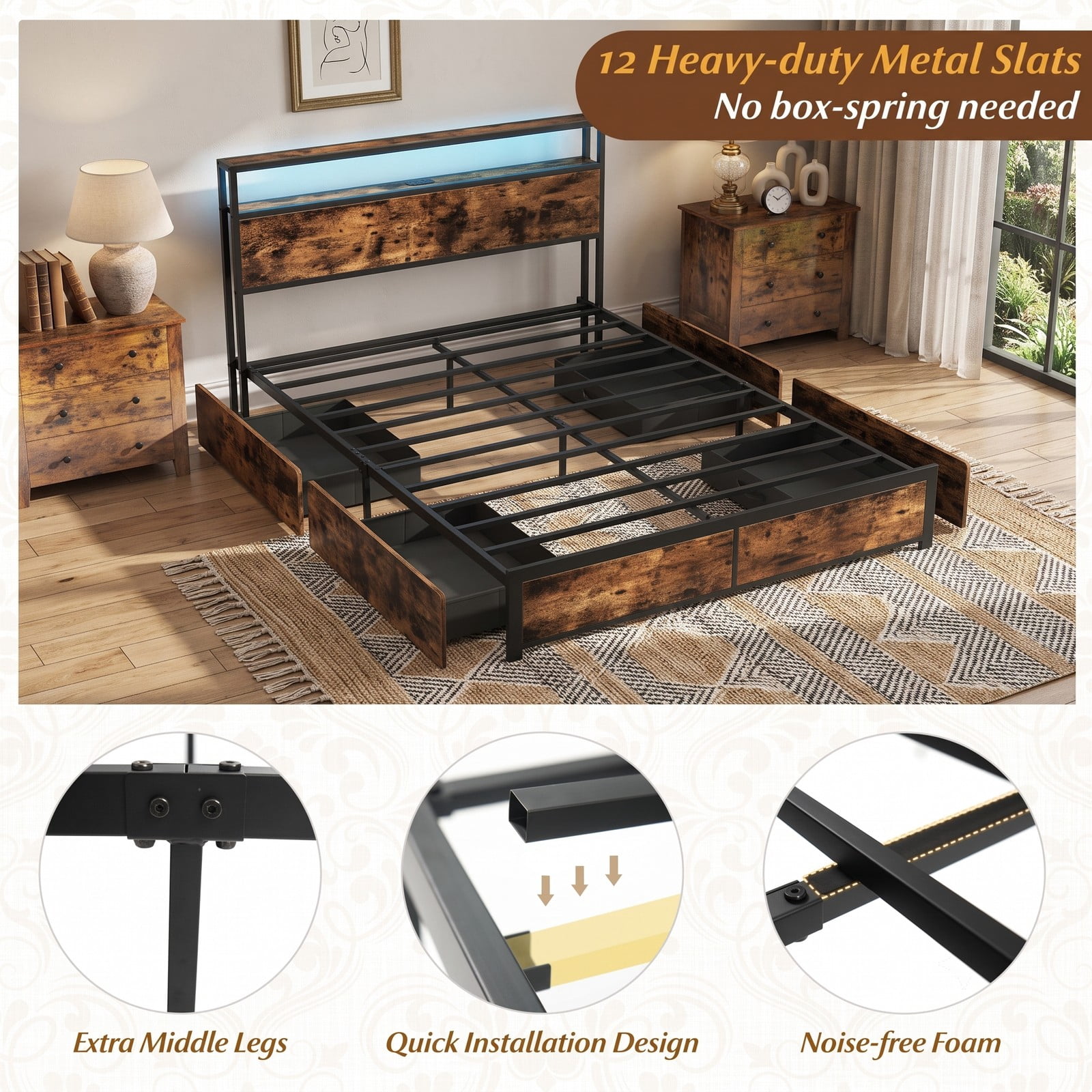 Furnibear Queen Size Bed Frame with 4 Storage Drawers, Metal LED Platform Bed with Charging Station and 2-Tier Headboard, Rustic Brown