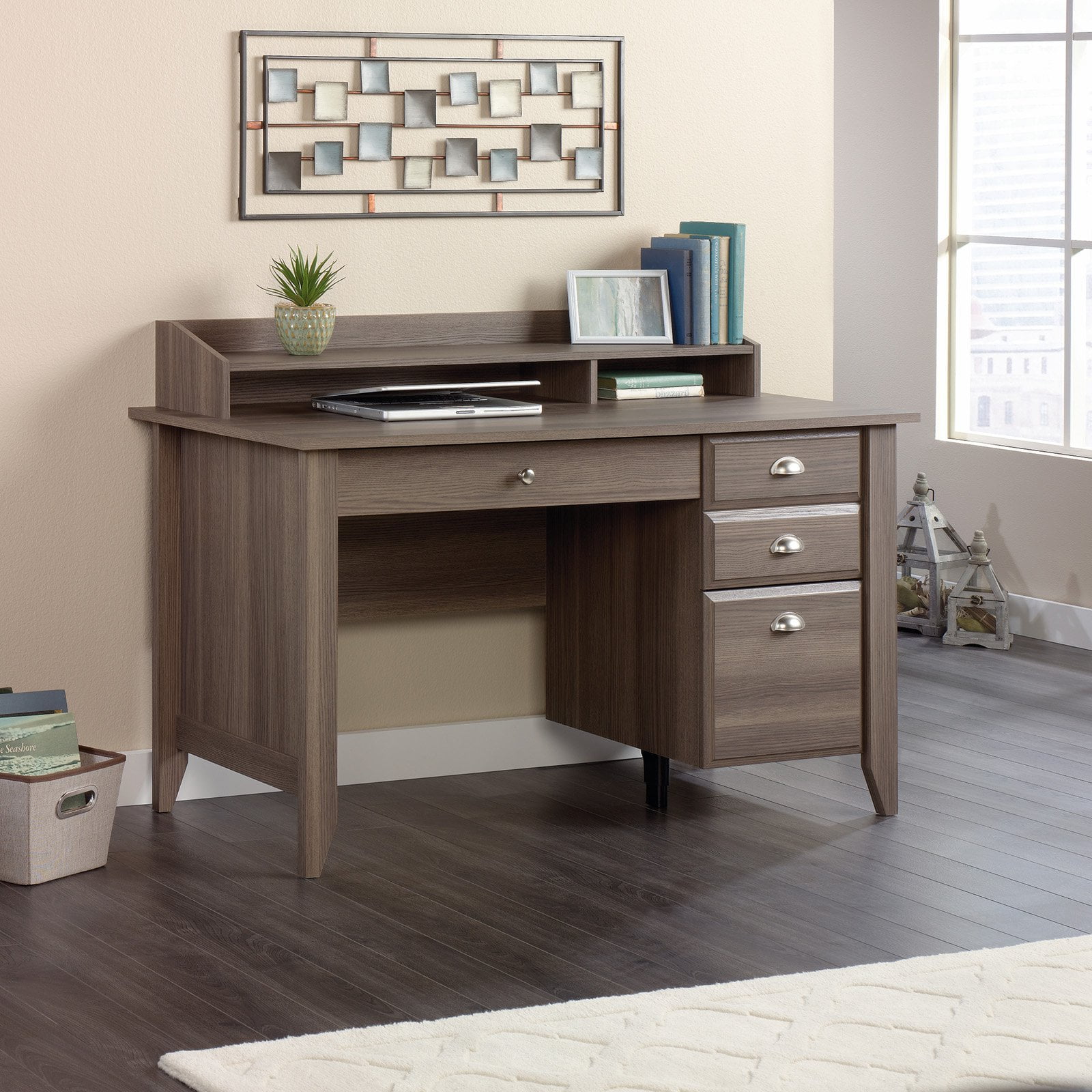 Sauder Shoal Creek Desk with Storage Drawers and Hutch, Diamond Ash