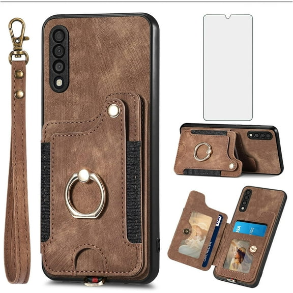 Phone Case for Samsung Galaxy A50 A50S A30S Wallet Cover with Screen Protector and Wrist Strap Lanyard RFID Credit Card Holder Ring Stand Cell Accessories A 50 50S 30S S50 50A SM A505G Women Men Brown