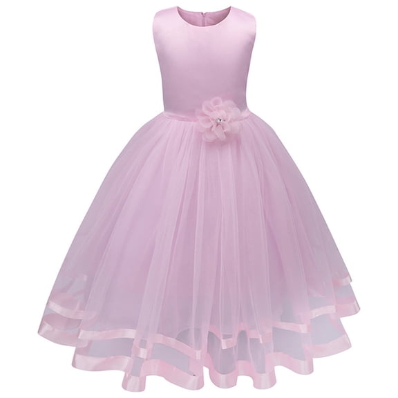 Odeerbi 2025 Toddler Girls Solid Color Flowers Net Yarn Bowknot Birthday Party Flowers Gown Kids Dresses