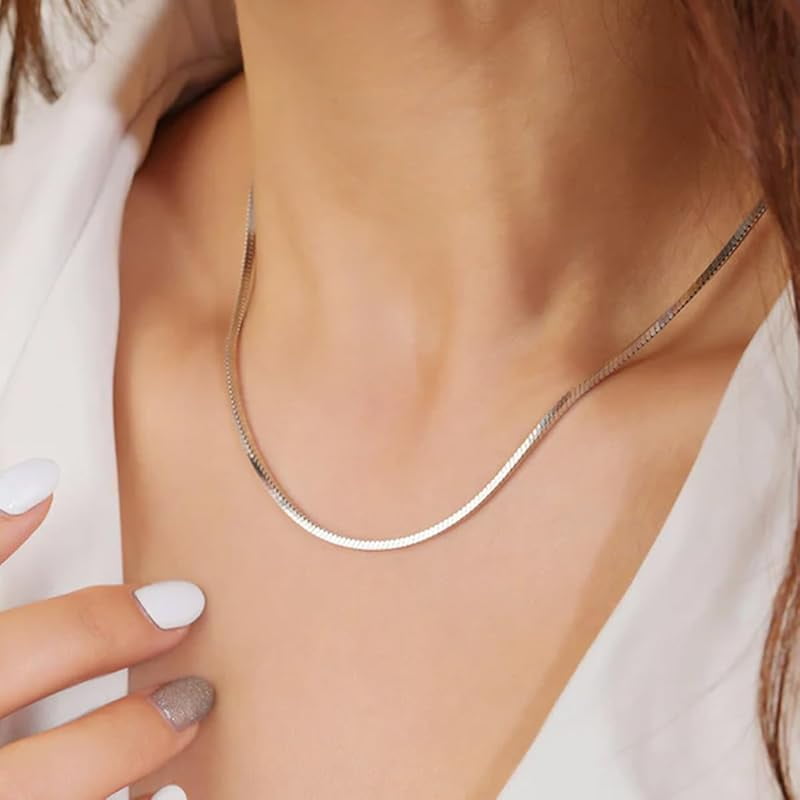 925 Sterling Silver Herringbone Chain 2MM 3MM Flexible Flat Italian Snake Chain Necklace for Women Men 18, 20, 22, 24, 26 Inches