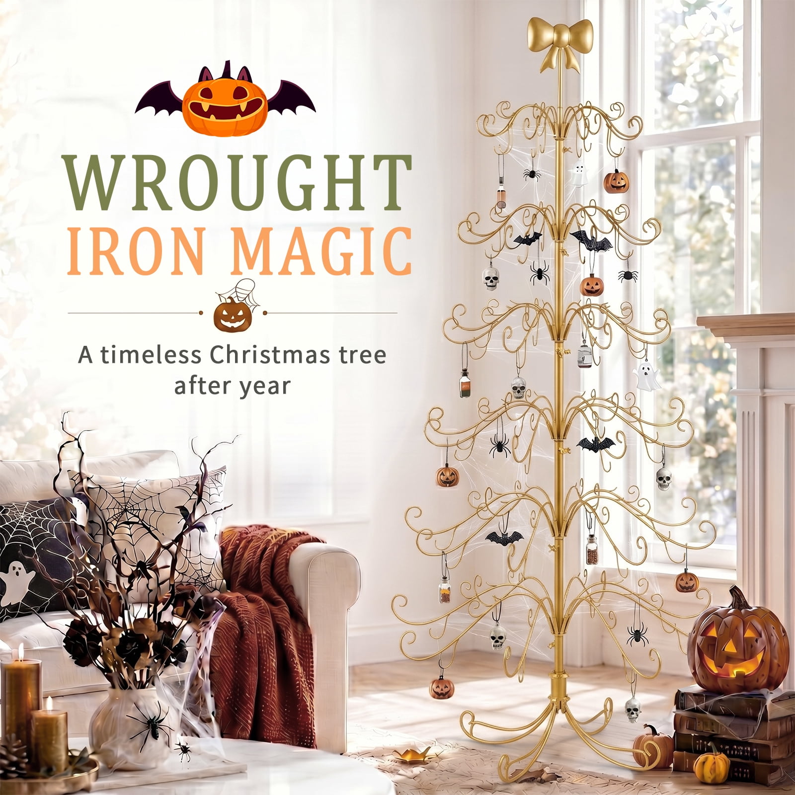 6ft Gold Iron Christmas Tree with Bow on Top, PVC Christmas Tree (No Accessories Included)