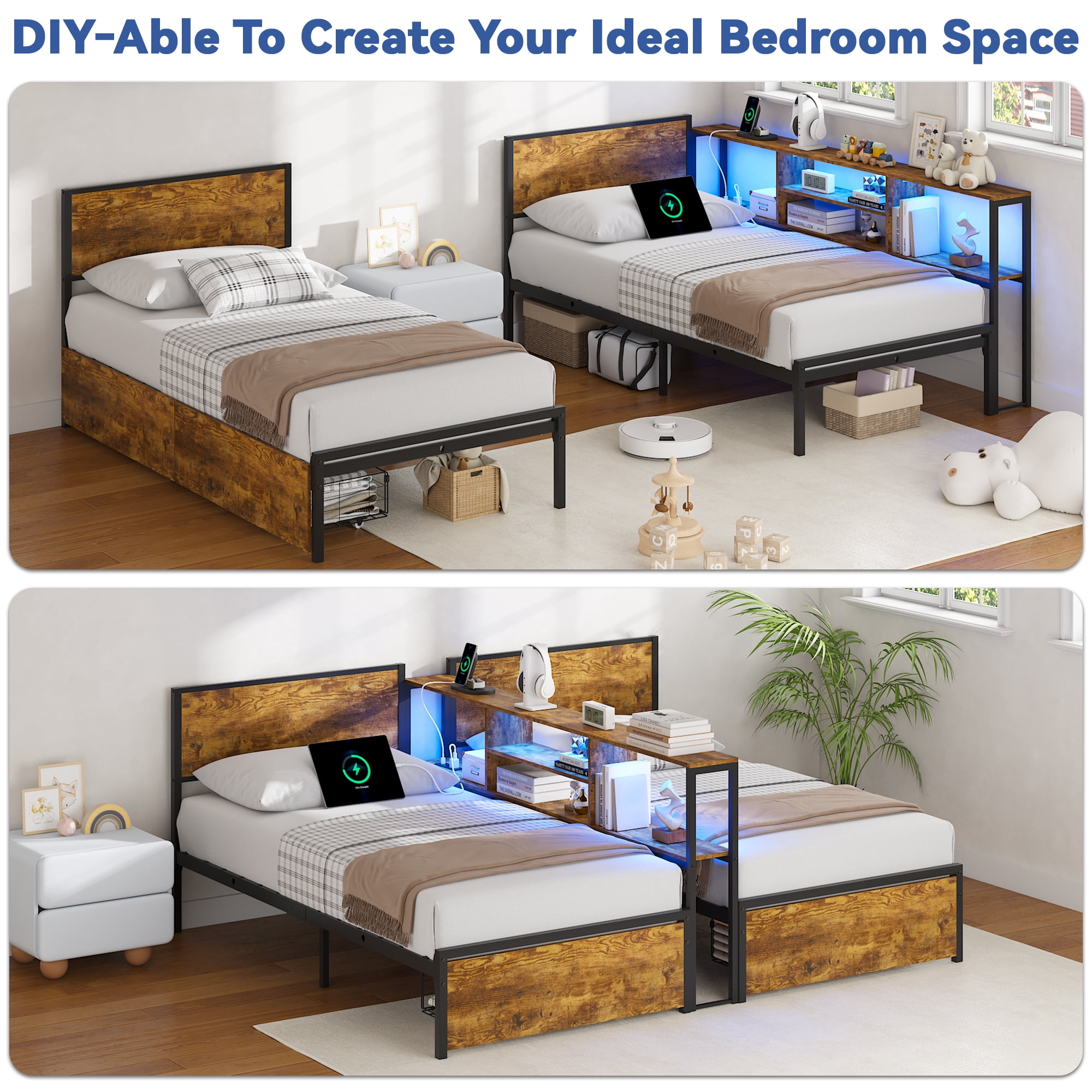 Miniyam King Size Bed Frame with Storage, 2-in-1 Convertible Twin Beds, LED & Charging Station, Brown