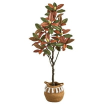 Nearly Natural 5ft. Artificial Fall Magnolia Tree with Handmade Jute & Cotton Basket with Tassels, Brown