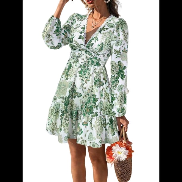 Vestido de Otoño para Mujer, Cuello en V, Larga, Cintura Elástica, Estilo Bohemio, para Playa, Resort, Floral, Minivestido de Verano Verde L