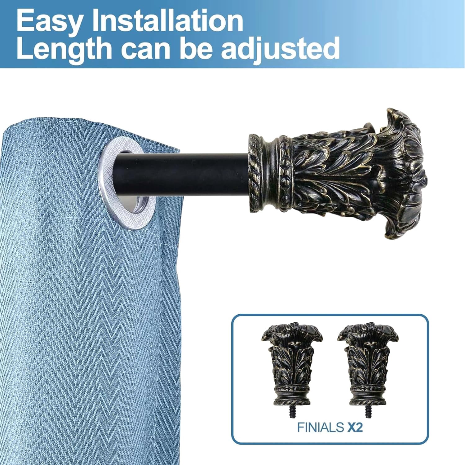 Urbanest Adjustable Single Curtain Rod Set Burnt Gold Chilton Finials – 1 - Inch Diameter, With Black Rod, 84–120 Inches