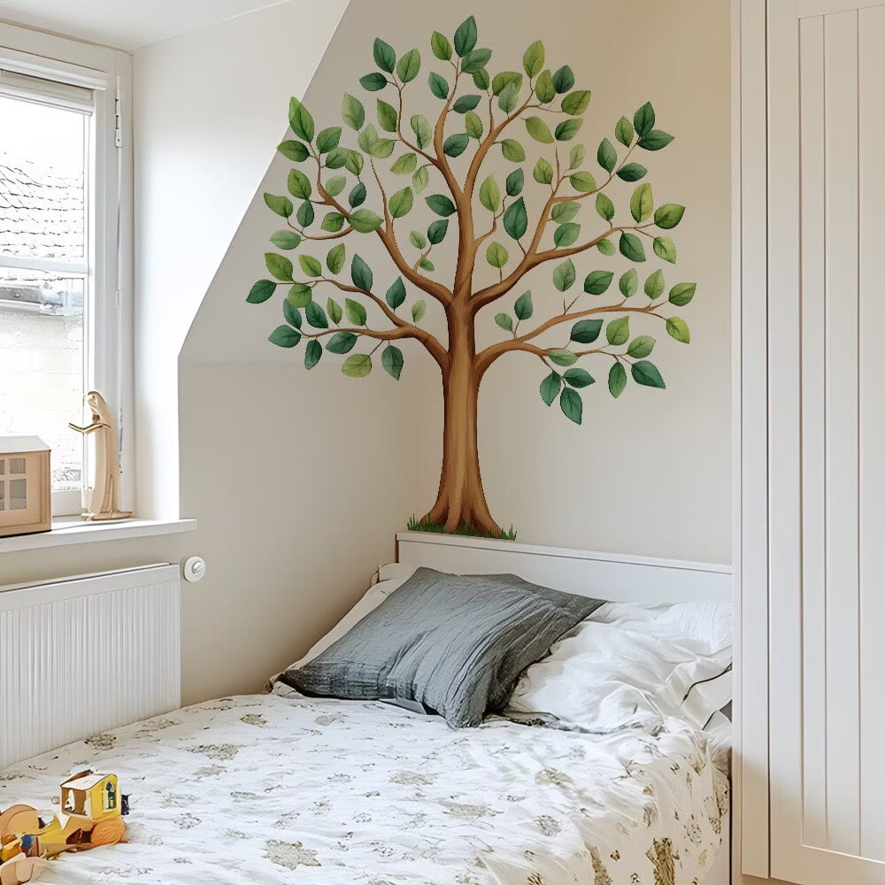 Large Green Tree Wall Decal for Bedroom Living Room, Removable Nature Tree Wall Sticker, 105cm Tall Botanical Decor for Nursery Kids Room Home