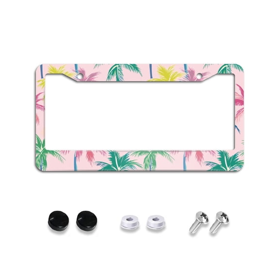 Colorful Palm Tree on Pink License Plate Frames Universal Aluminum Tag Holder Cover with 2 Holes Screws for Front Rear Car Plate Decor 12x6 Inch for Women Men