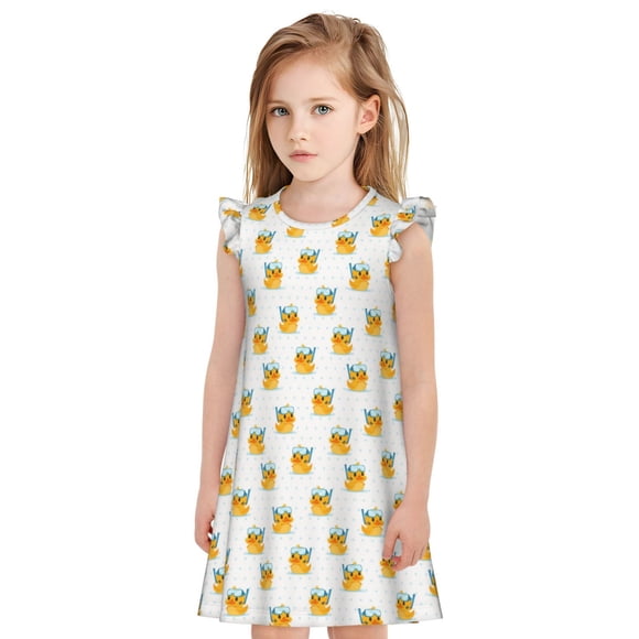 Disketp Cute Duck Diver Print Girls Nightgowns 3-10 Years Flutter Short Sleeves Nightdress Pajamas for Little Girls-X-Large