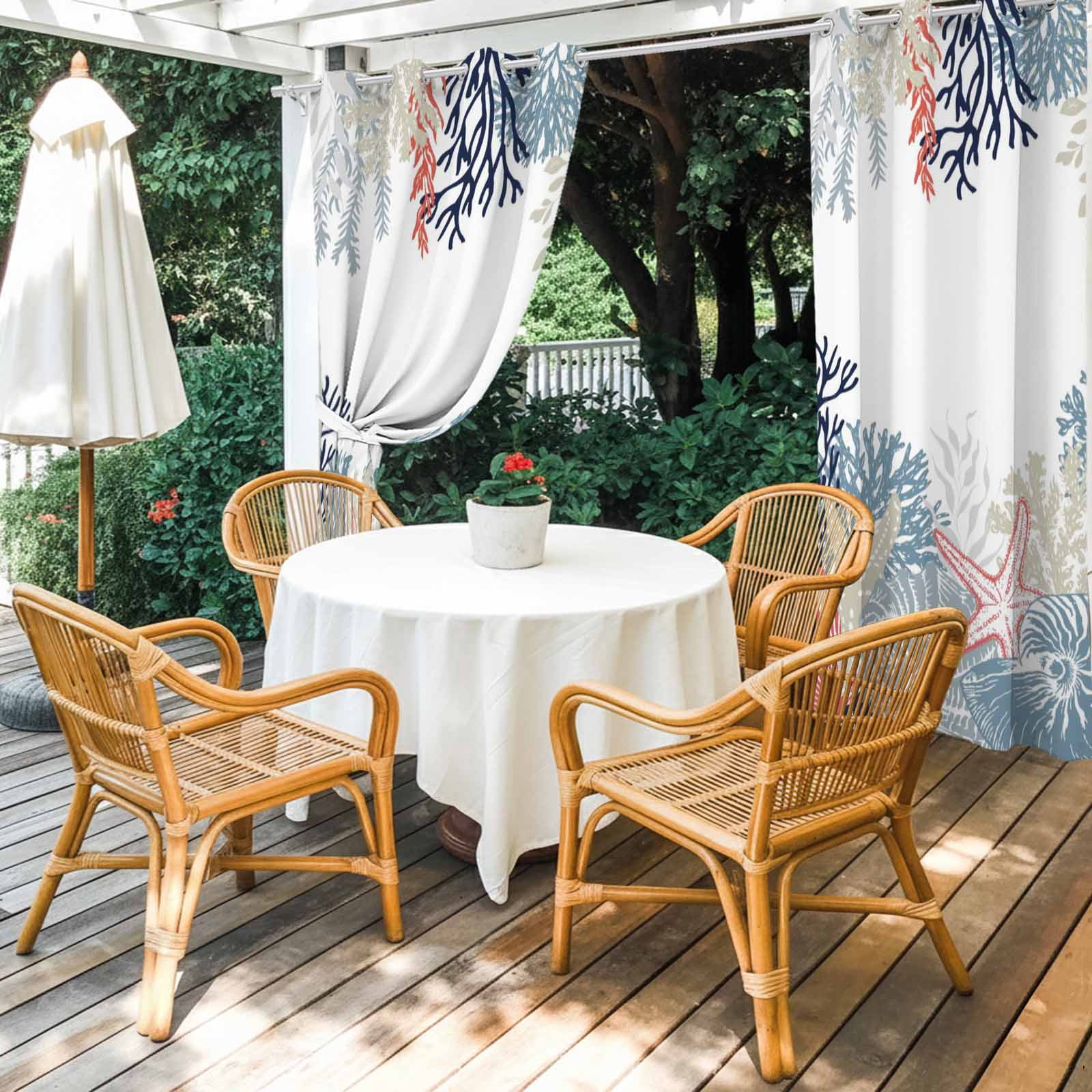 Summer Marine Life Outdoor Curtains for Patio, Ocean Corals Coastal Starfish Blue Conch Sunshade Privacy Drapes Grommet Waterproof Outside Curtains for Porch/Cabana/Balcony 54"x 108", 1 Panel