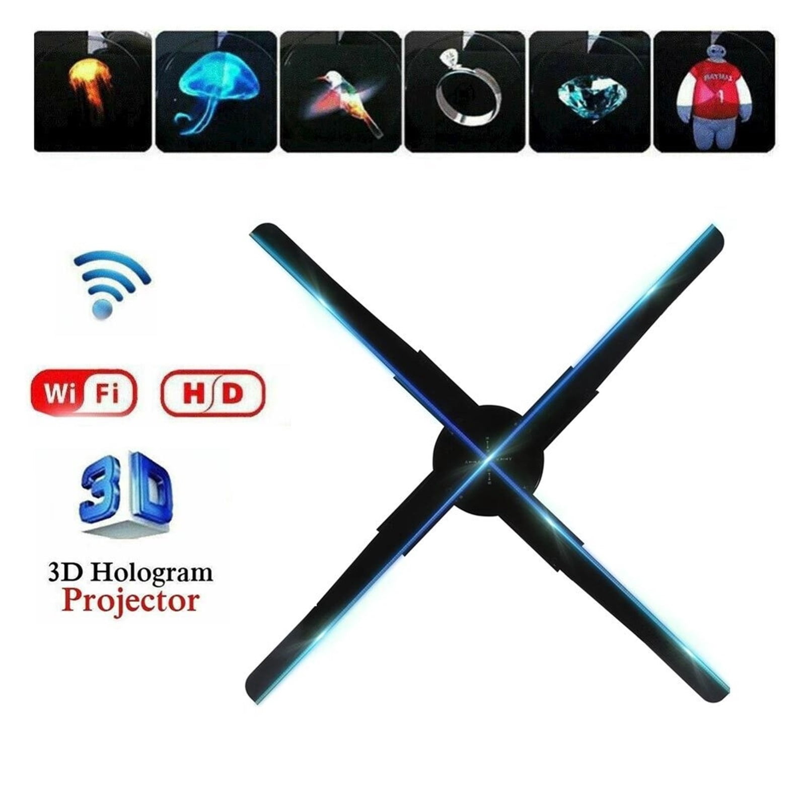 3D Hologram, The New 3D WiFi Holographic Projector Built-in 8G Storage 45cm 4 Blade Rotating High-definition LED Advertising Projection Ideal Advertising Tool