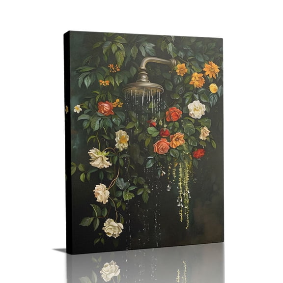 “Vintage Shower Head with Blooming Roses & Greenery (Ethereal Tone)” Whimsical Canvas Wall Art Ready to Hang for Bathroom and Living Room