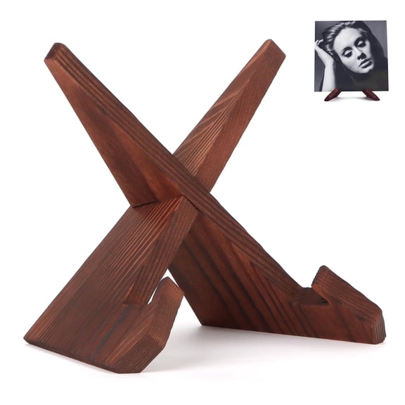 PUERSI Now Playing Vinyl Record Stand, Wooden Display Vinyl Holder Stand, Retro Now Spinning Record Accessories - Rustic Brown