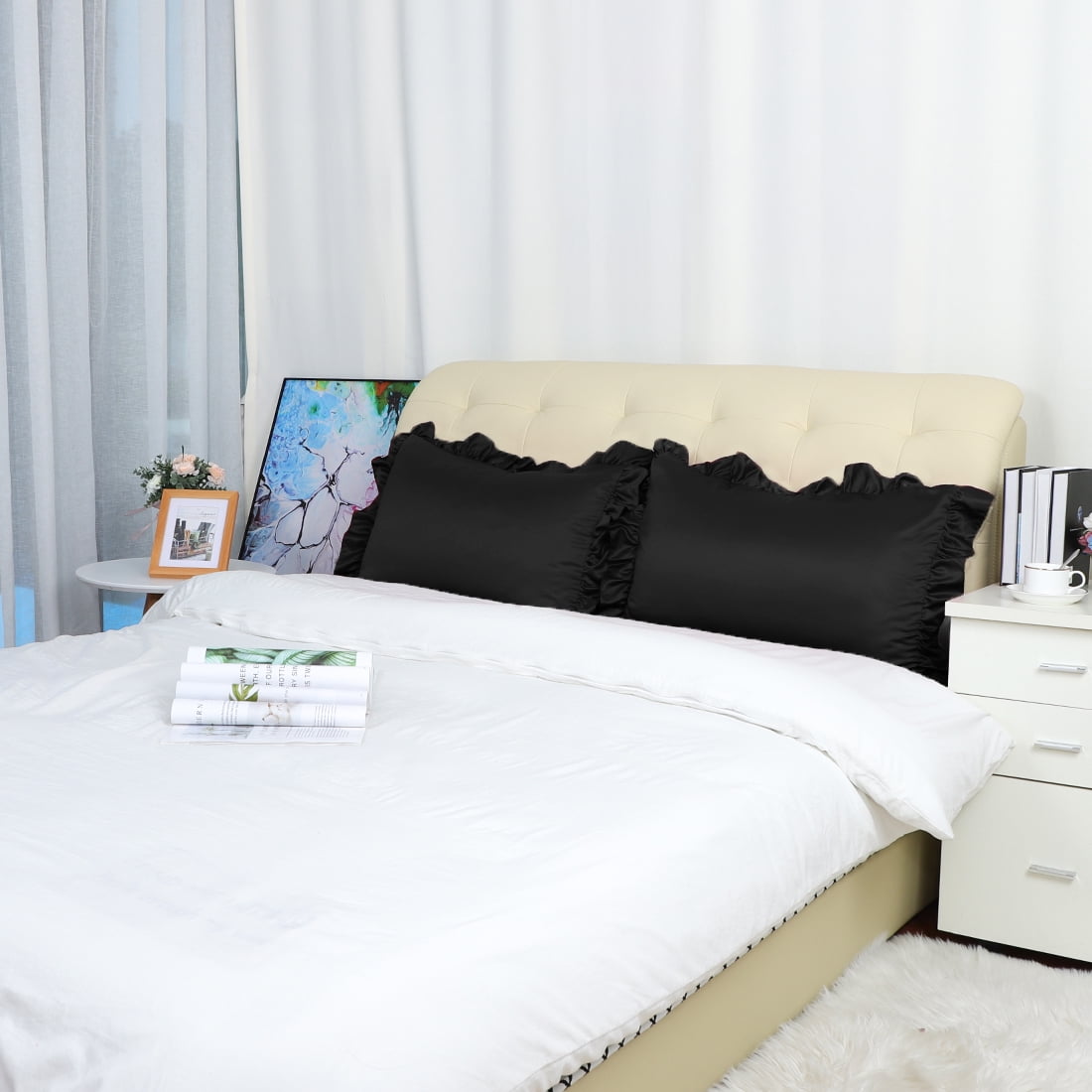 Unique Bargains 2-Piece Satin Ruffled Edge Pillowcases, King, Black