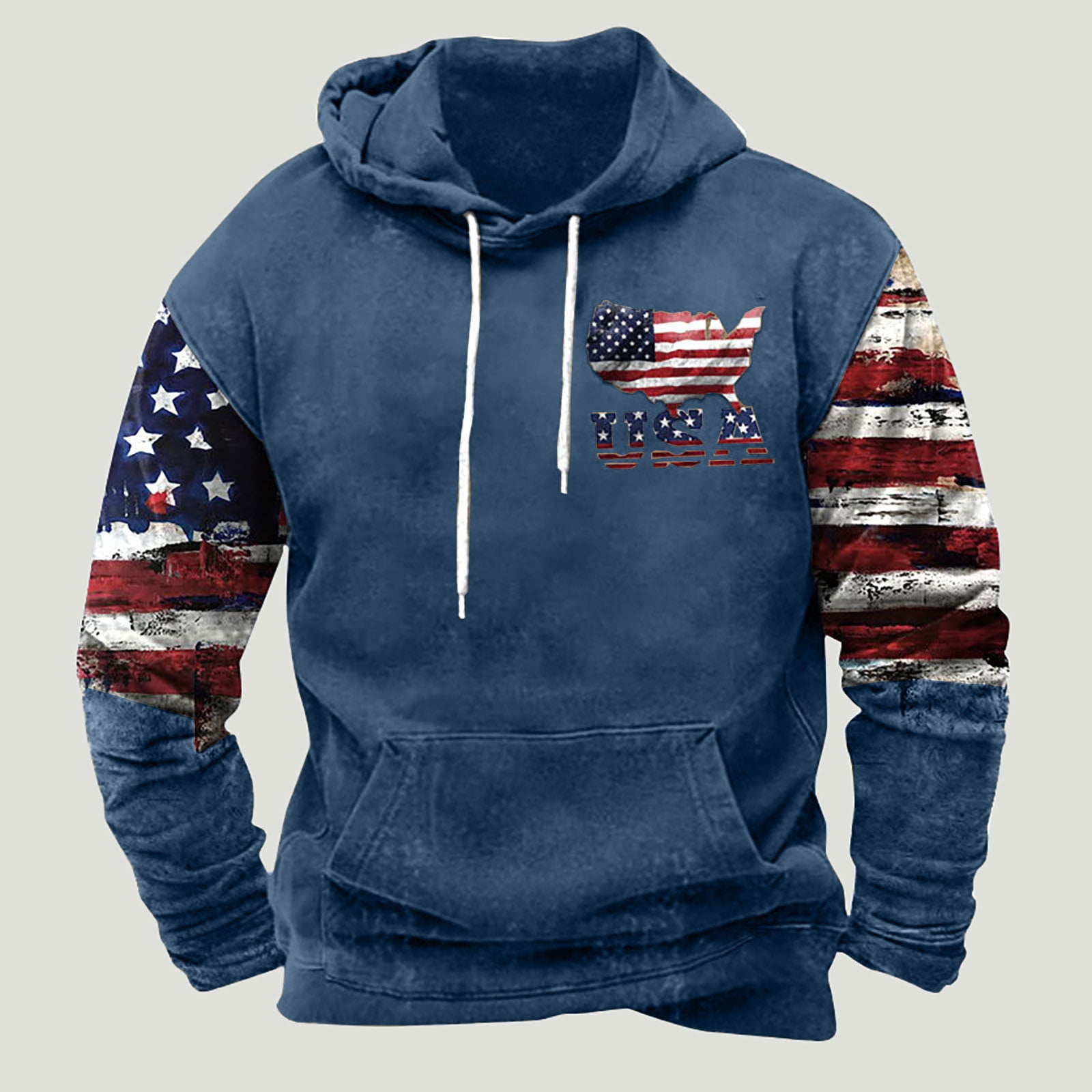 DDAPJ pyju Men's Outdoor Military Tactical Hoodie Retro Distressed American Flag Print Long Sleeve Drawstring Hooded Sweatshirt Loose Casual Pocket Hoodie Blue XL
