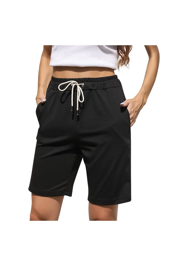 Women High Waist Drawstring Shorts Elastic Casual Comfy Shorts Quick Dry Running Workout Knee Length Shorts With Pockets Solid Black XL